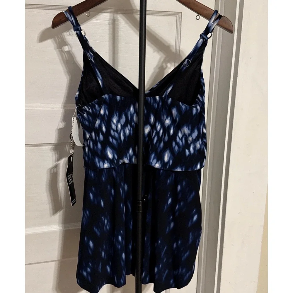 Magicsuit Womens Blue Multi Indigo V-Neck Tie Dye Kami Swim Dress Size 10 Pocket